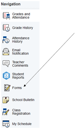 Screen shot of Parent Portal screen with an arrow pointing to FORMS